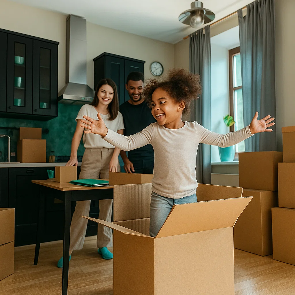 Family unpacking moving boxes in the kitchen of their new Port St. Lucie home