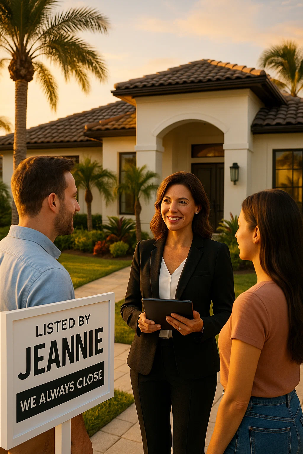 Real estate agent talking with a couple in front of a Port St. Lucie home at sunset