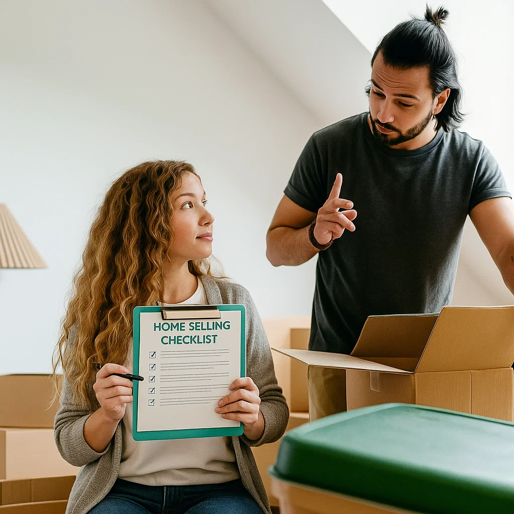 Homeowners holding a home selling checklist among moving boxes