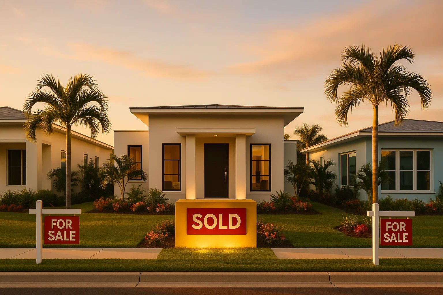 Port St. Lucie home at sunset with a sold sign in the front yard