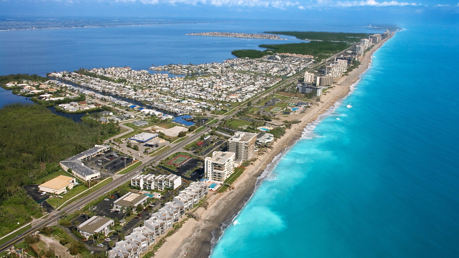 Aerial view of Jensen Beach FL homes and waterfront areas 2025.”