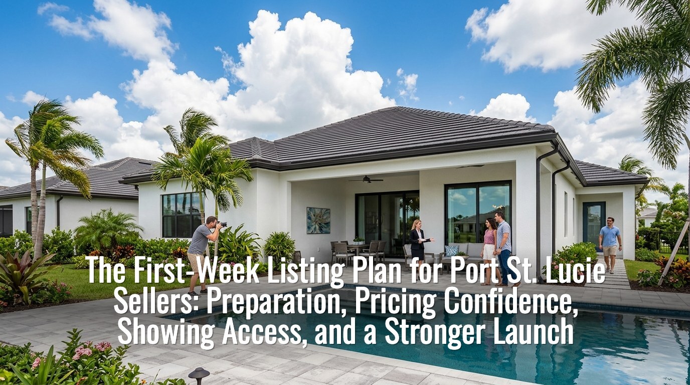 First week listing plan Port St. Lucie — photographer capturing a Port St. Lucie home while buyers tour with the listing agent