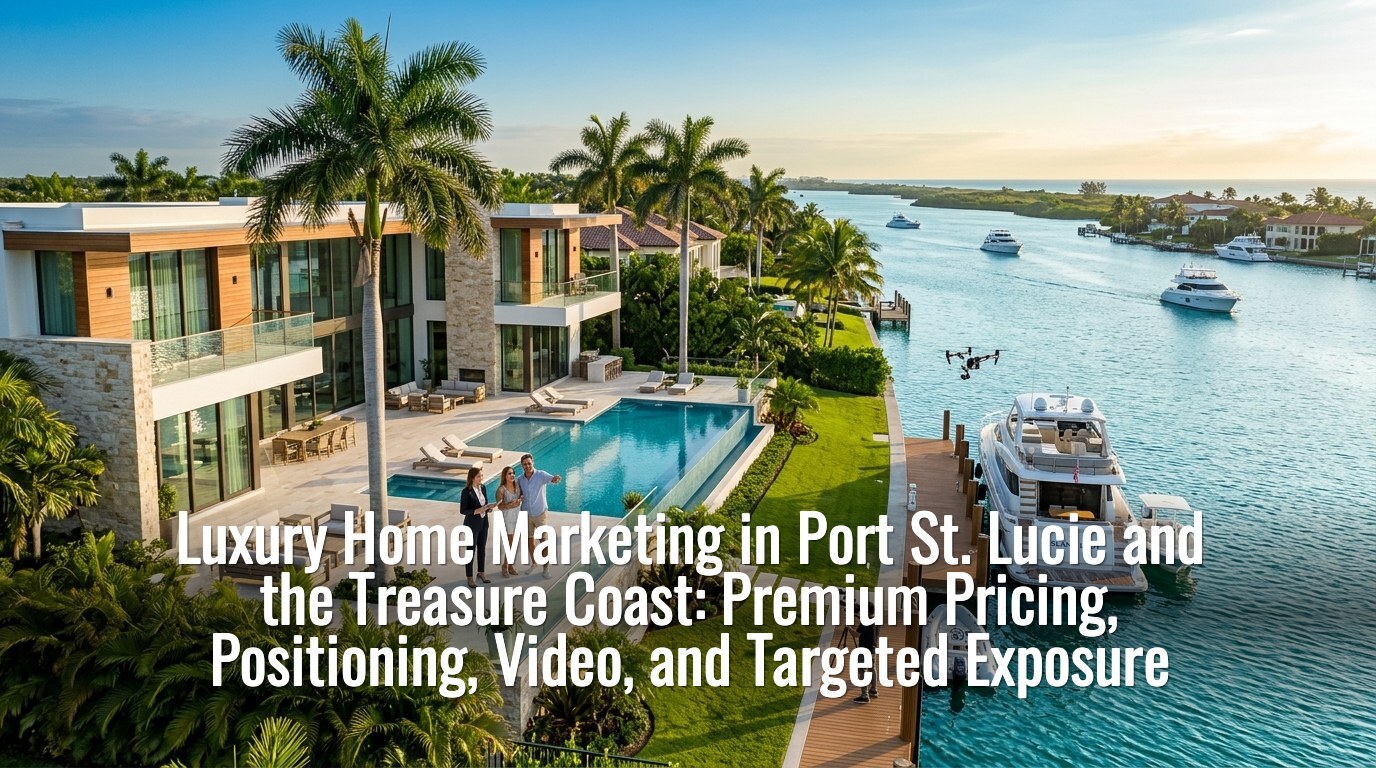 Luxury home marketing in Port St. Lucie — drone filming a Treasure Coast waterfront estate with pool and yacht dock