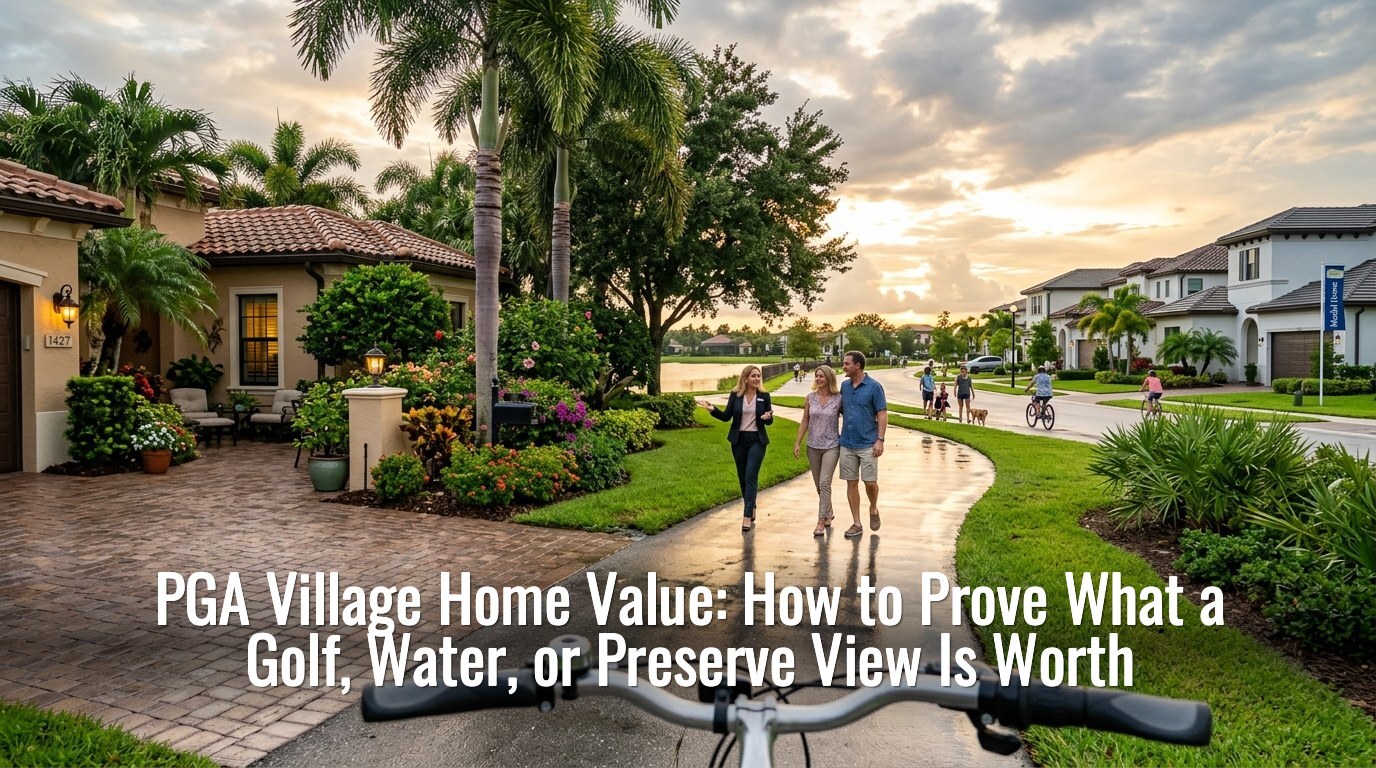 PGA Village home value — a Port St. Lucie community street with mature landscaping and a lake view beyond
