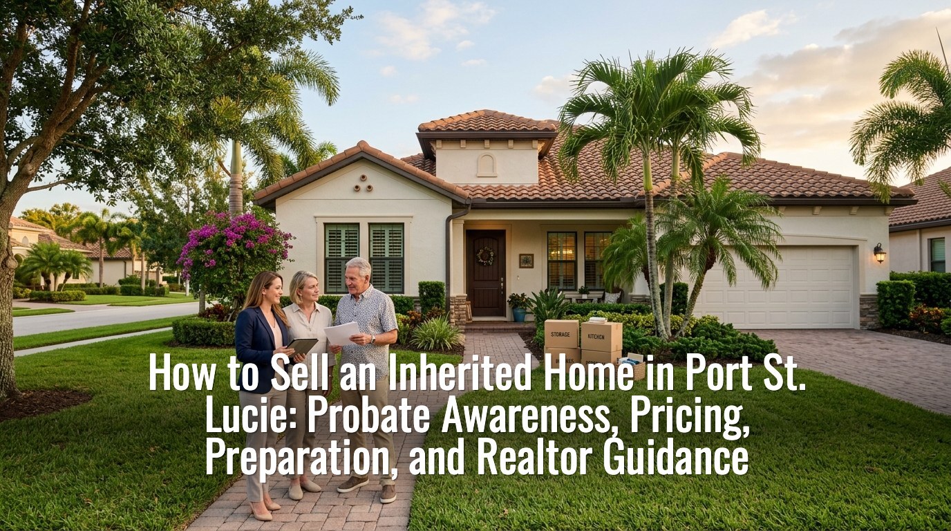 Sell an inherited home in Port St. Lucie — family reviewing paperwork with a Realtor outside an inherited Port St. Lucie home