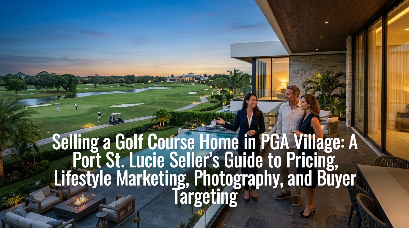 Selling a golf course home in PGA Village — sellers with their Port St. Lucie agent on a terrace overlooking the fairway at sunset