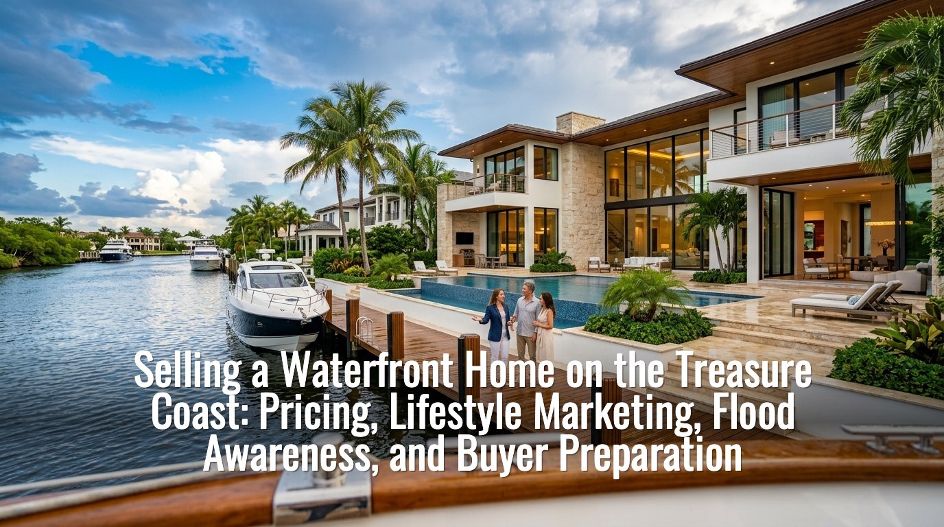 Selling a waterfront home on the Treasure Coast — sellers with their agent on the dock of a waterfront estate near Port St. Lucie
