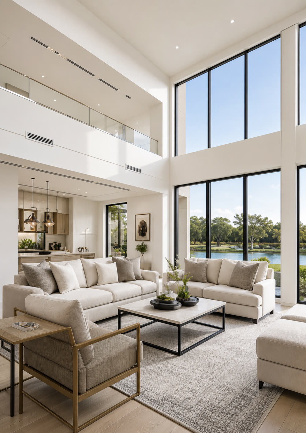 Great room with floor-to-ceiling glass opening to the water