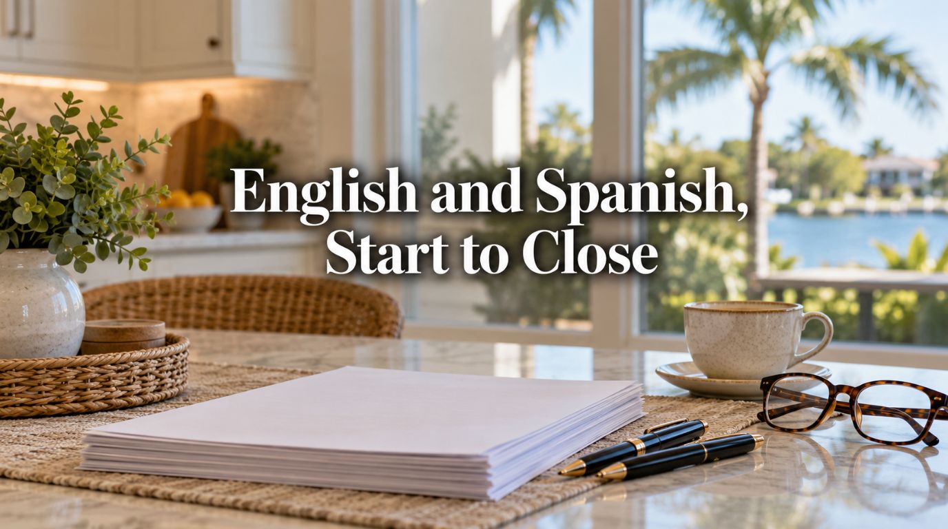 Bilingual realtor in Port St. Lucie, a bright kitchen table with home purchase papers, two pens and reading glasses beside a window with palm trees