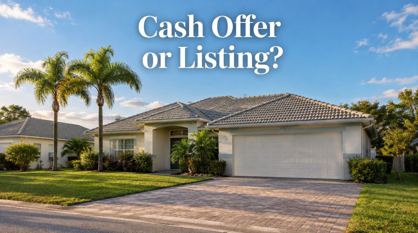 Cash home buyers in Port St. Lucie guide, a single-story stucco home with a gray tile roof and palm trees