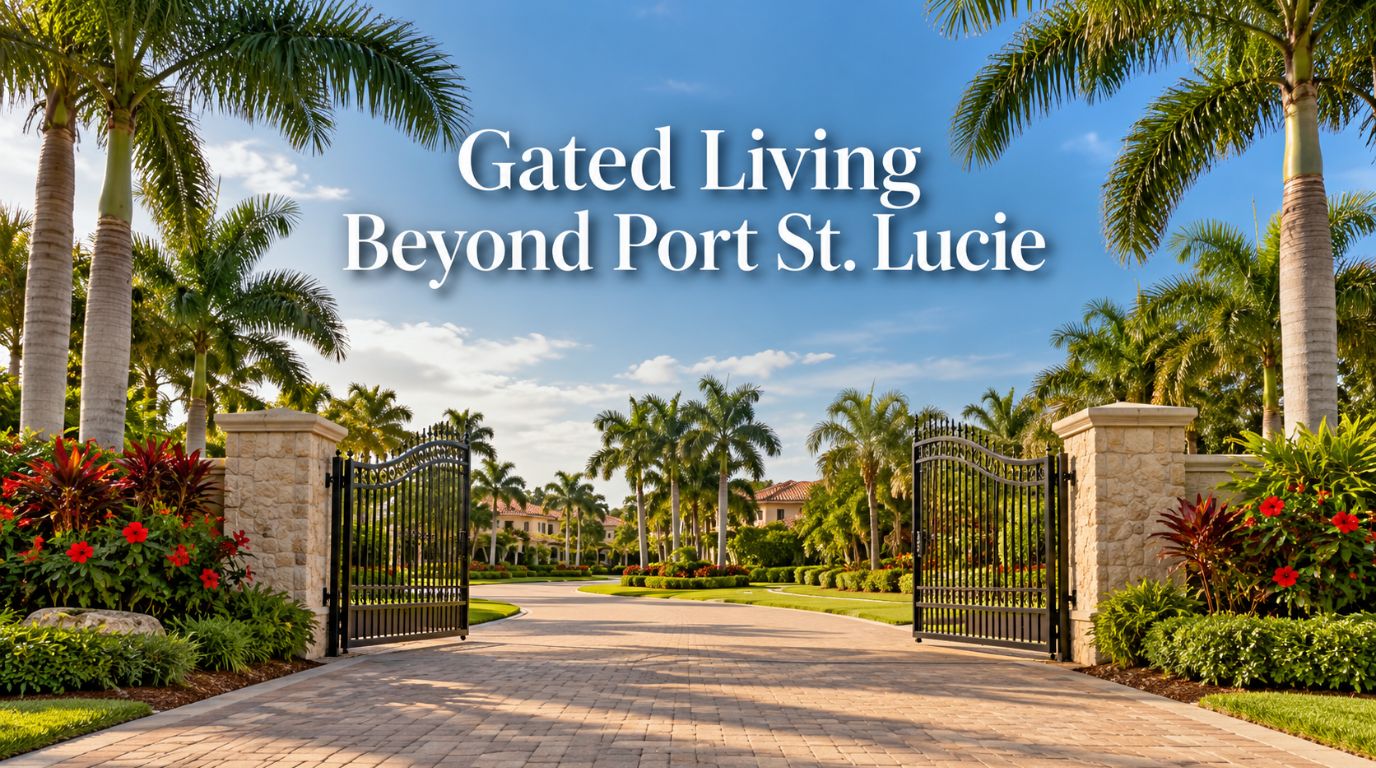 Gated communities on the Treasure Coast, a palm-lined entry drive with an open decorative iron gate and tropical landscaping in soft morning light