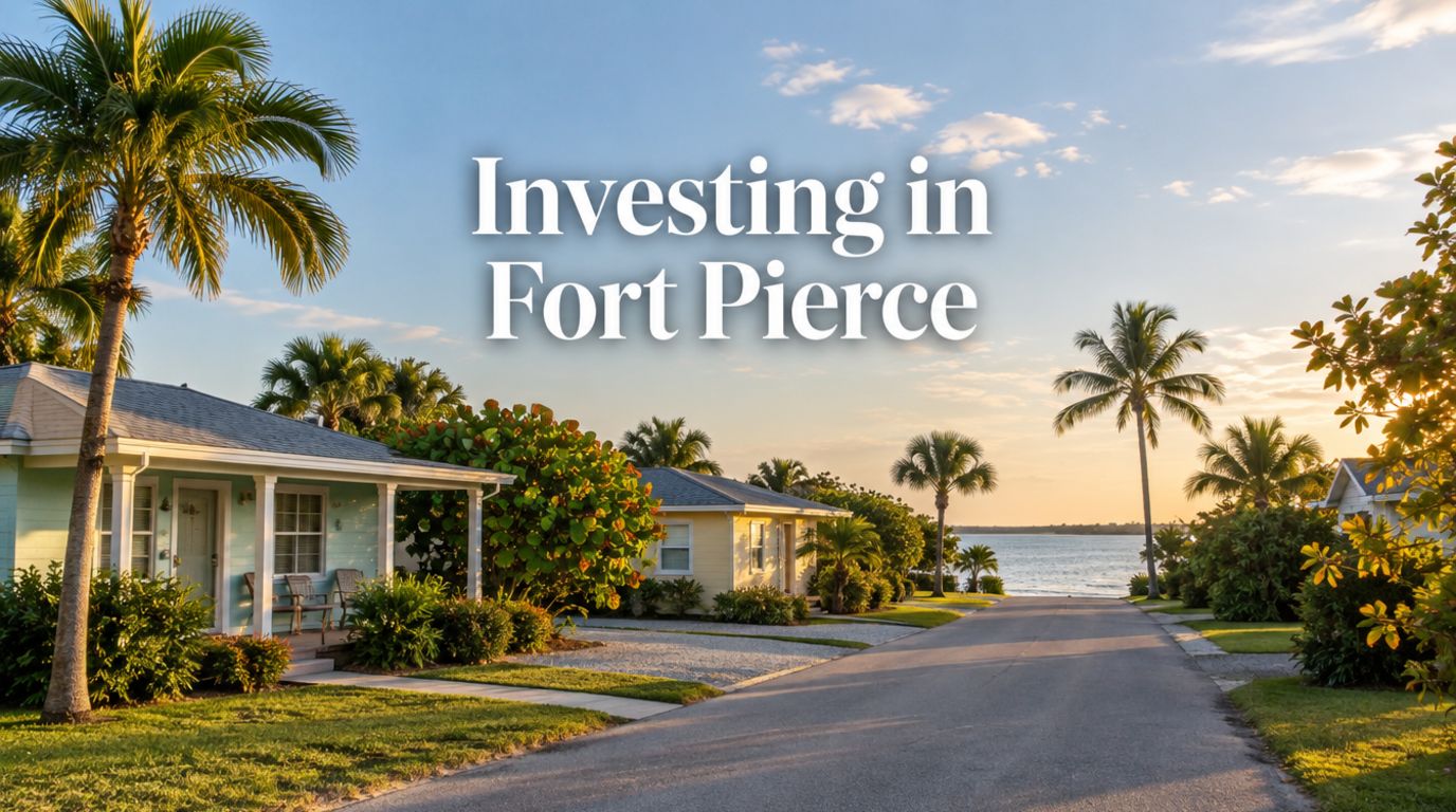 Real estate investment in Fort Pierce guide, a row of small Florida rental homes with palm trees near the Indian River Lagoon