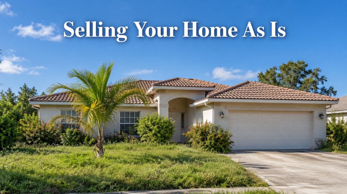 Sell my house as is in Port St. Lucie, a single-story Florida block home with a weathered tile roof and an overgrown front lawn under a clear sky